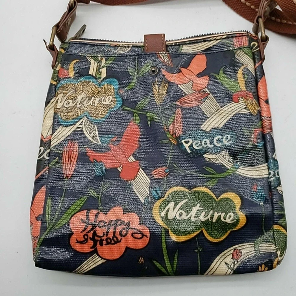 Sakroots Crossbody‎ Bag Womens Medium Multicolor Floral Birds Peace Nature